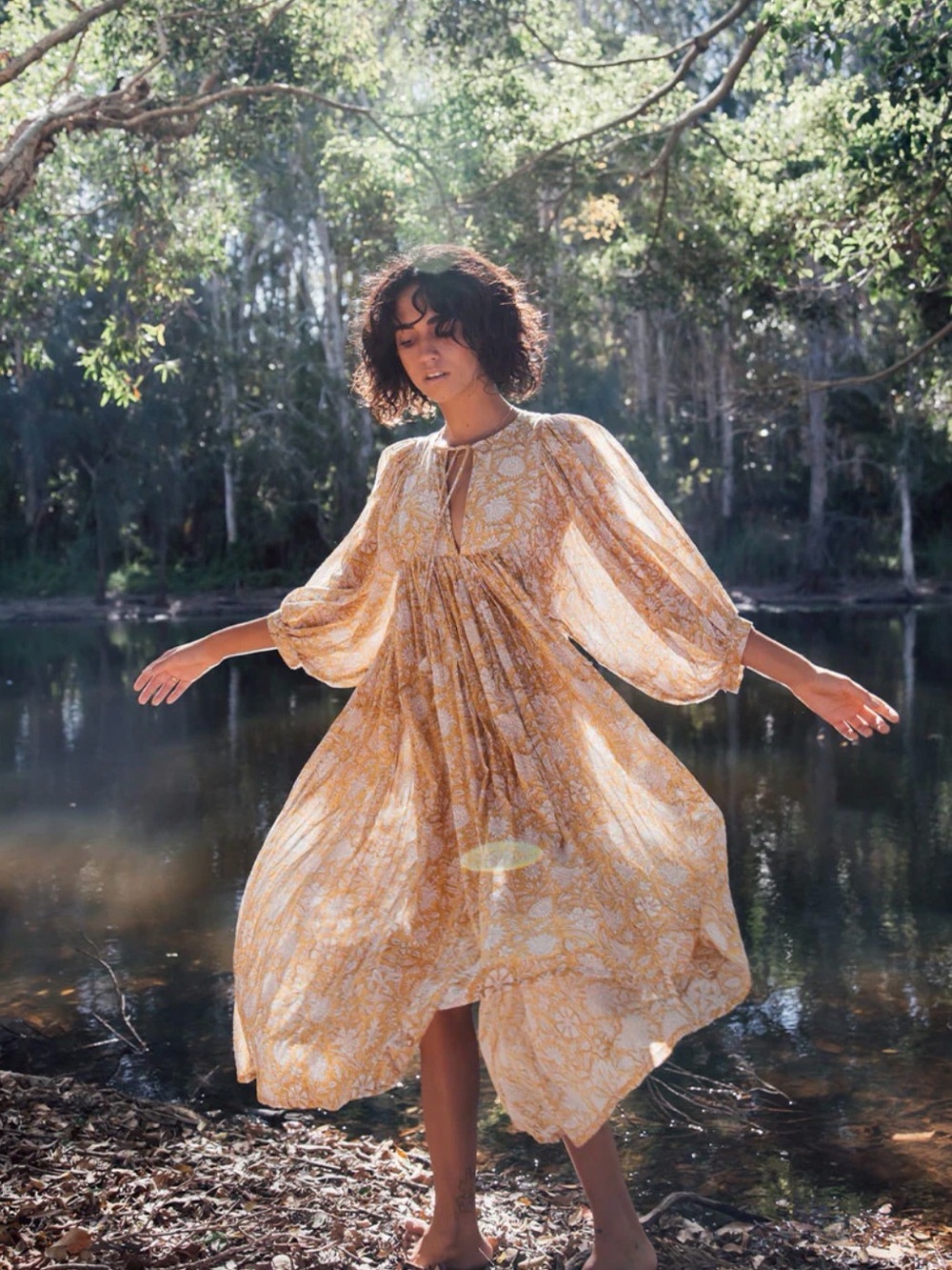 Daughters Of India Kyra Boho Floral Cotton Midi Dress Cumin Block print Size M